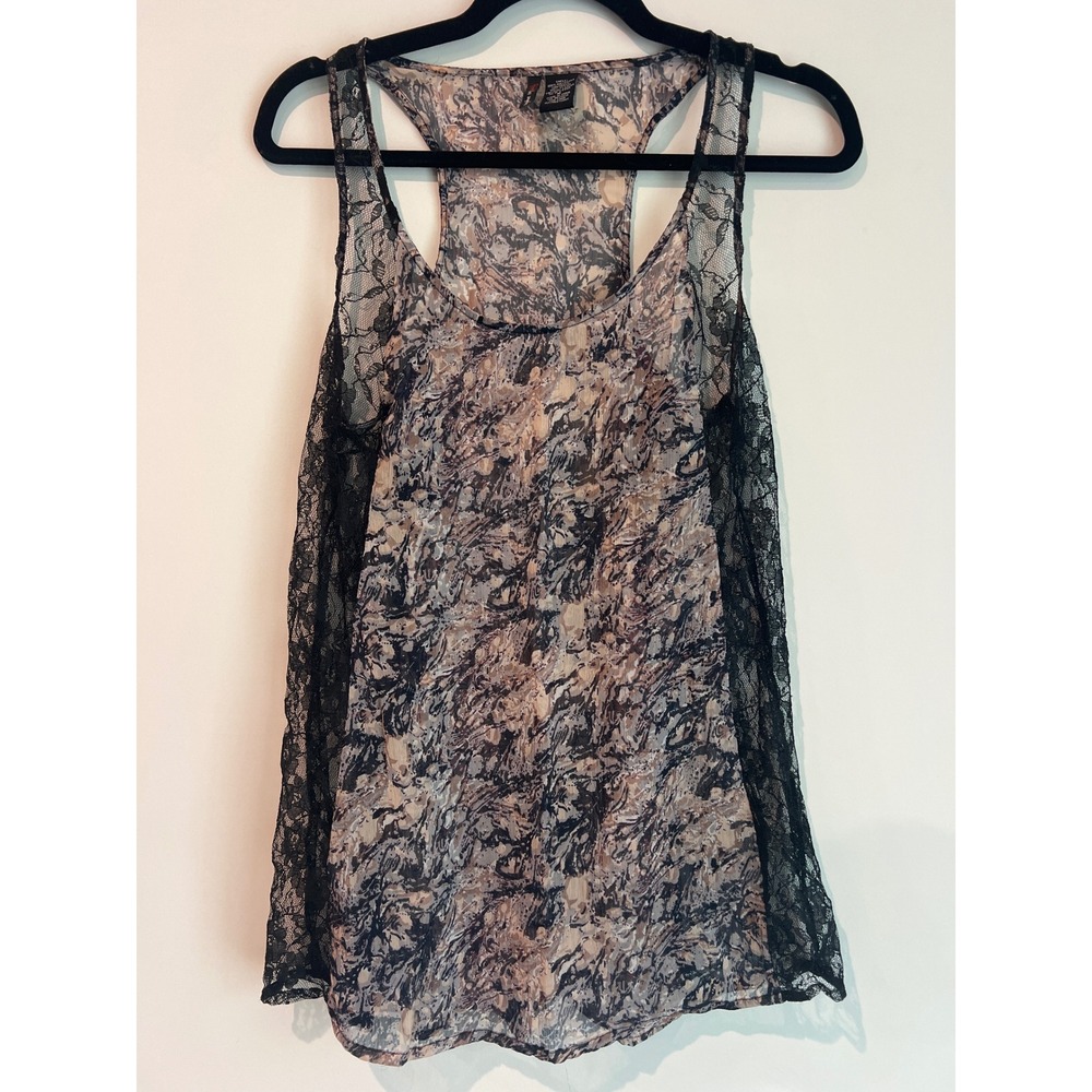 Fire Los Angeles Lace Trimmed Sheer Tank Top Abstract Print Racerback Women's M